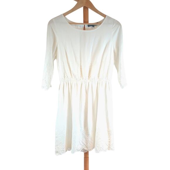 BRIXON IVY Little White Cotton Dress LWD Medium Embroidered 3/4 sleeve - Picture 1 of 10